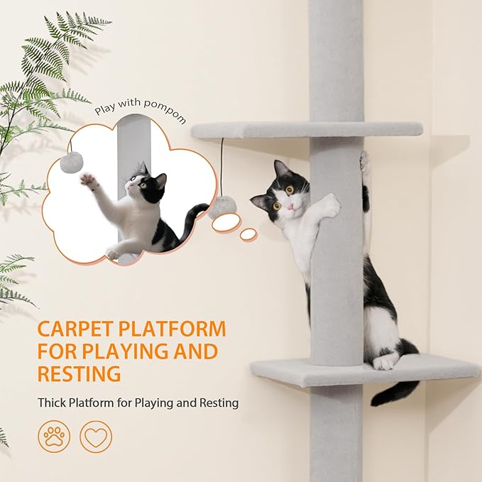 Cat Craft Cat Tree Floor to Ceiling 95-108" Tall Cat Tree Carpet Cat Tower Kitten Tree Sisal Scratching Post and Mat Cat Pole for Indoor Cats, White Grey