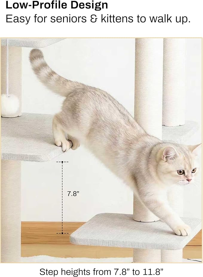 Cat Tree Tower Wooden 37.4''(95 cm), Large Cat Tree with Jump Platform & Play Ball for Indoor Cats, Ideal Cat's Climbing Frame & Playhouse (Linen Fabric Light Grey)