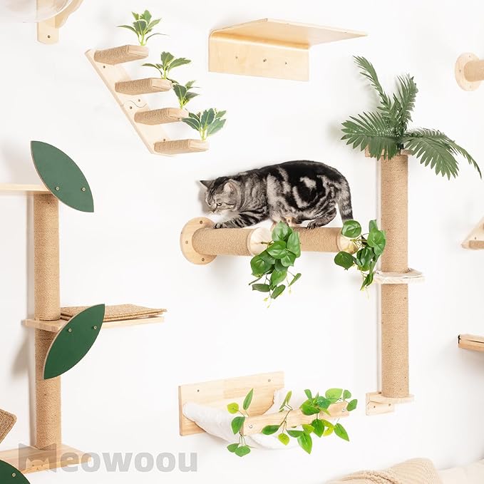 MEOWOOU 3 in 1 Cat Wall Furniture Set, 3 Pack Climbing Shelves Set, Cats Hammock, Wall Climbing Steps, Solid Rubber Wood Wall Shelf Cat Steps and Perches for Sleeping, Climbing, Scratching and Playing