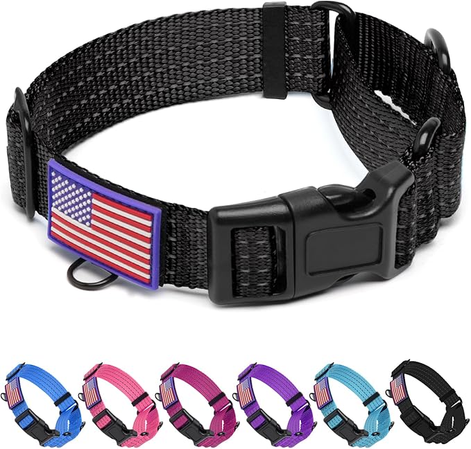 Martingale Dog Collar, Reflective No Pull Training Collar with Quick Release Buckle & USA Flag, Heavy-Duty Nylon, Adjustable for Small Medium Large Dogs (L,Black with Flag