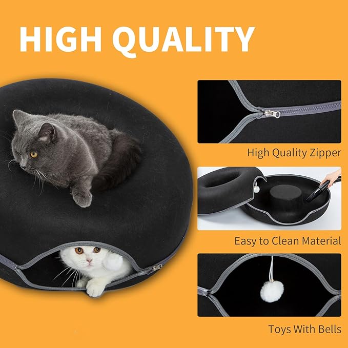Peekaboo Cat Tunnel for Large Cats up to 30 lbs, Features A Jingle Ball, Removable and Washable Tunnel Bed, and a Cozy Donut Tunnel (Black, 24 Inches)
