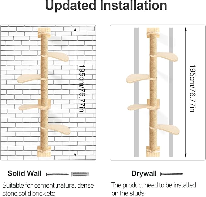 76.8" Tall Cat Tree, Floor to Ceiling Cat Tower, Wall-Mounted Cat Tree Scratching Tower, 5 Tiers Cat Climbing Tree with Scratching Post for Indoor Cats 1 Set