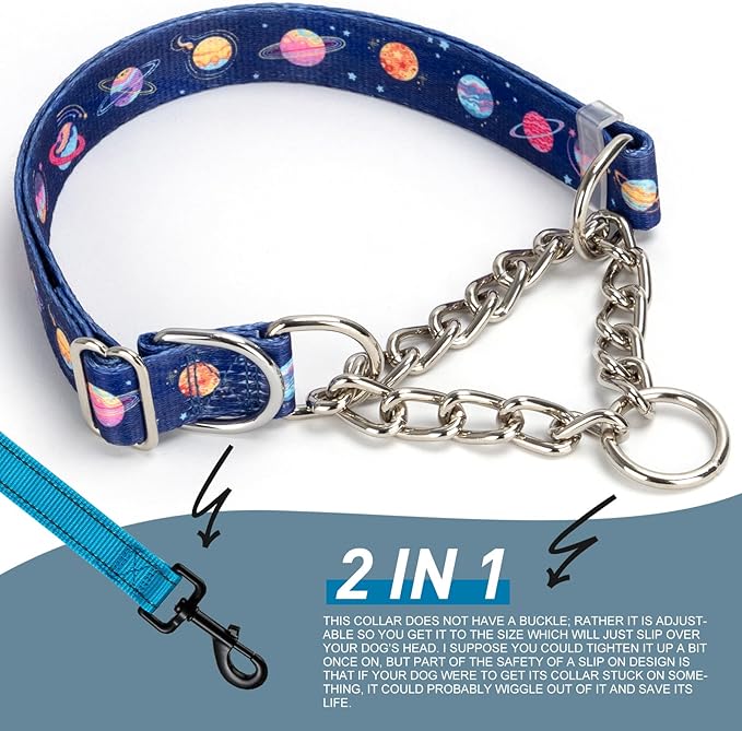 Martingale Dog Collar with Chain,Blue Space Pattern No-Pull Dog Collar - Adjustable Training Collar with Chain & Safe Control for Medium, Large & XL Dogs (Large)