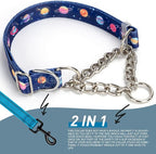 Martingale Dog Collar with Chain,Blue Space Pattern No-Pull Dog Collar - Adjustable Training Collar with Chain & Safe Control for Medium, Large & XL Dogs (Large)