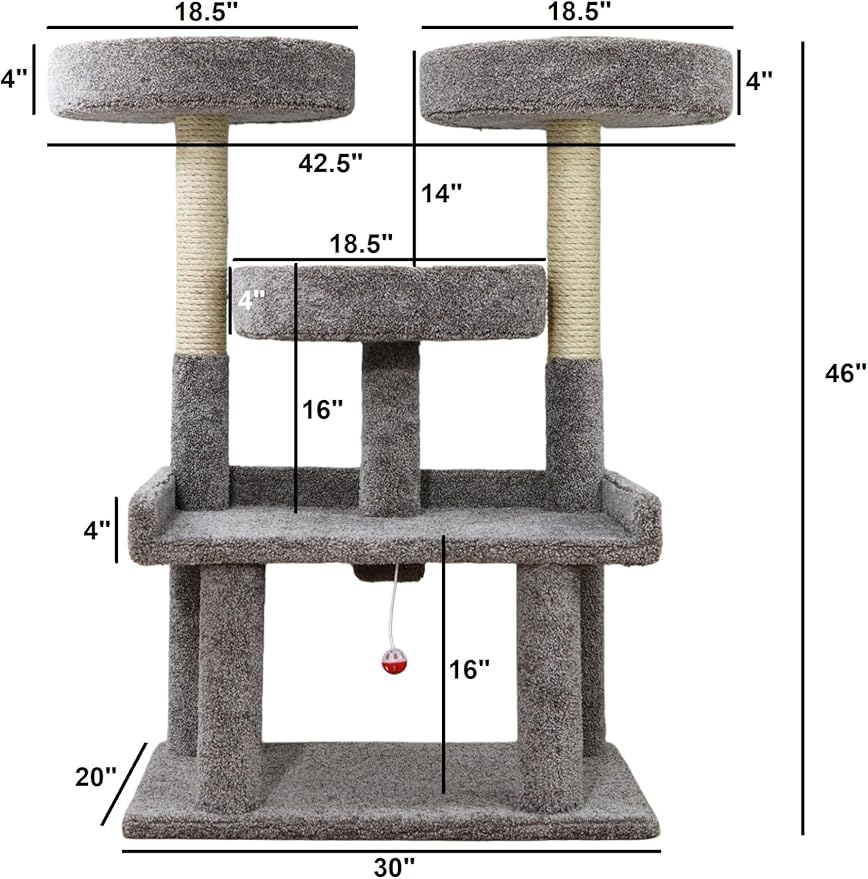Prestige Cat Trees 46″ XXL Heavy Duty Cat Tree – Extra-Large, Sturdy Indoor Cat Tower with Multiple Perches, Sisal Scratch Posts & Solid Wood Base (Gray)