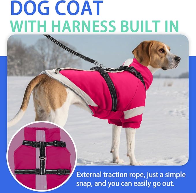 MIGOHI Warm Dog Coat Waterproof Small Dog Jacket with Harness,Reflective Fleece Snowsuit for Dogs,Windproof Puppy Coats with Legs for Cold Weather,Adjustable Pet Clothes for Puppies,Xs,Rosered