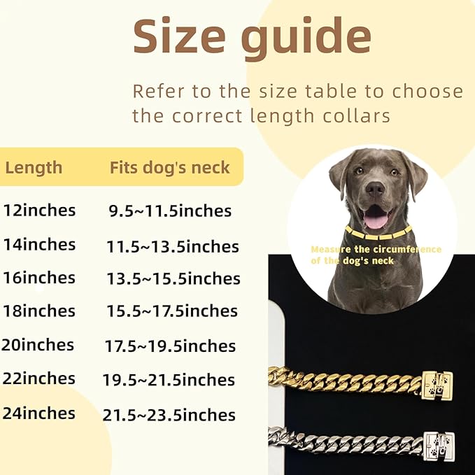 Gold Chain Dog Collars 15MM Stainless Steel Cuban Link Chain Collar with Secure Buckle Design, Metal Walking Training Collars, Chew Proof, Suitable for Small Medium Large Dogs (Gold,12'')