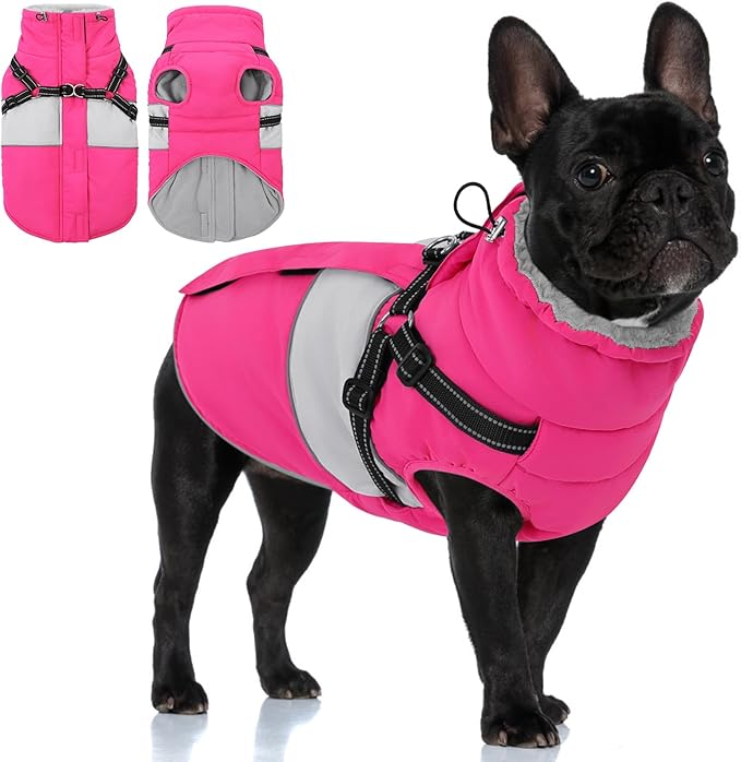 KOESON Dog Coat, Warm Dog Winter Jacket with Harness, Waterproof Pet Cold Weather Coats with Fleece Lining, Reflective & Windproof Snowsuit Sweater for Schnauzer, Yorkshire, Dachshund, Hot Pink S