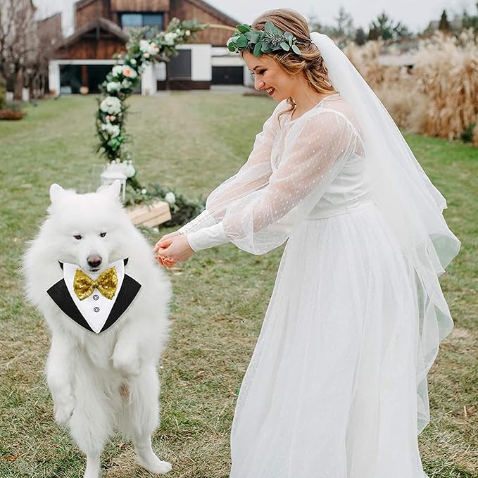 Dog Tuxedo Costume Wedding Bandana Nylon Collar with Gold Bow Tie Adjustable Formal Black Dog Tux Clothes for Small Medium Large VCat Pet Birthday Costumes Christmas Dress Outfits