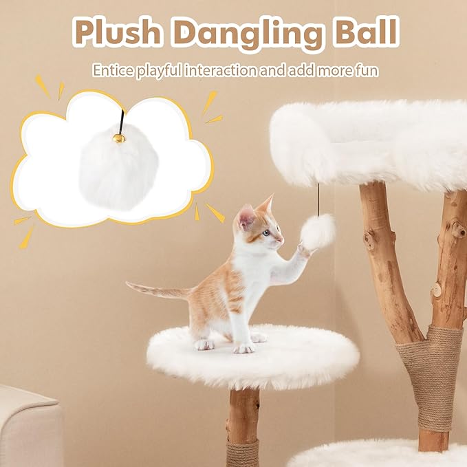 Tangkula Solid Wood Cat Tree, Modern Wooden Cat Tower with Perch, Jute Scratching Posts, Dangling Ball, Soft Long Plush, Luxury Cat Condo, Natural Branch Cute Cat Tree for Indoor Cats