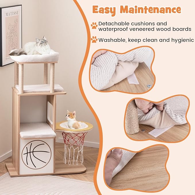 PETSITE 47 inch Basketball Series Cat Tree, Multi-Level Cat Tower with Jute Scratching Posts, 2-Story Cat Condo, 2 Perches, Basketball Hoop Hammock, Padded Cushions, Modern Cat Tree Tower