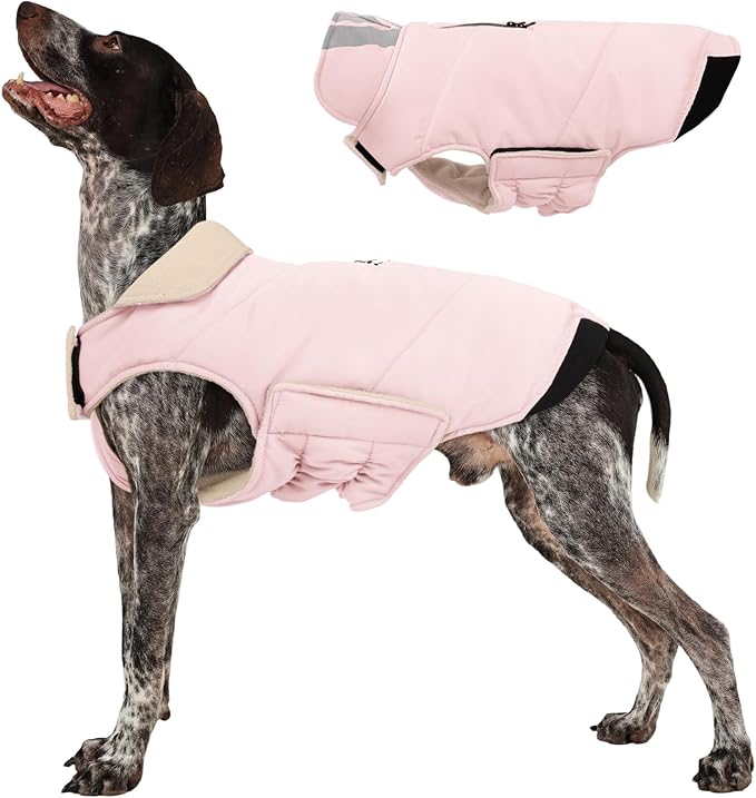 Kuoser Medium Dog Coat, Cold Weather Reflective Waterproof Dogs Jacket with Warm Fleece Lining Turtleneck Dog Winter Coat with Zipper, Doggy Snow Jacket Pet Coats for Small Medium Large Dogs, Pink M