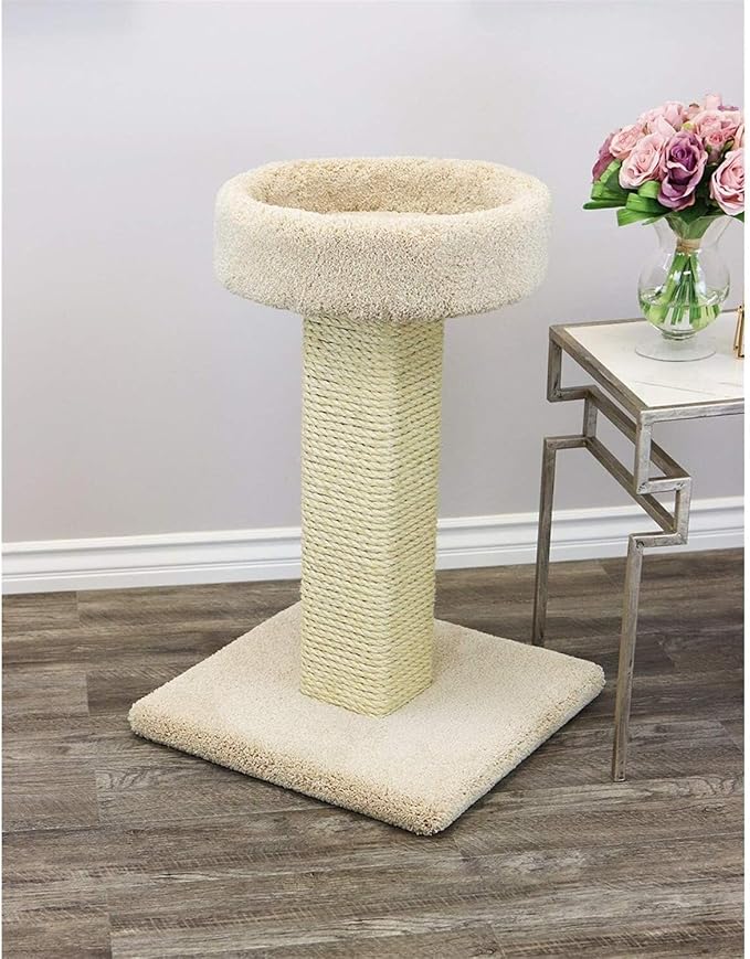 Maykoosh French Flair Elevated Cat Scratch Post with Cat Bed, Compact and Stylish Elevated Cat Bed with Plush Carpet and Sisal Scratching Post, Perfect for Sleep and Play Light Tan