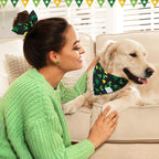E-Clover St Patrick Dog Bandana Boy & Matching Scrunchie-Shamrock Dog Bandanas Irish Pet Scarf Bib for Medium Large Dogs Girl Owner Gift Dark Green
