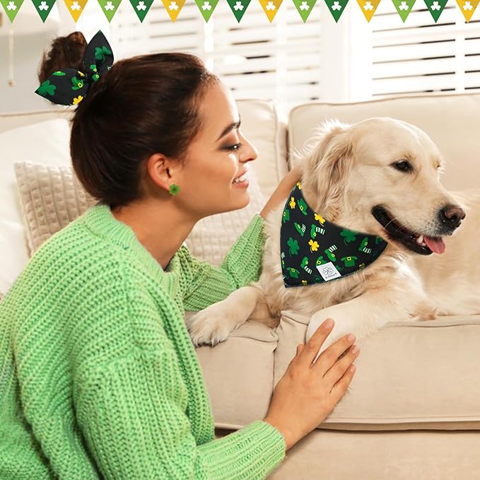 E-Clover St Patrick Dog Bandana Boy & Matching Scrunchie-Shamrock Dog Bandanas Irish Pet Scarf Bib for Medium Large Dogs Girl Owner Gift Dark Green