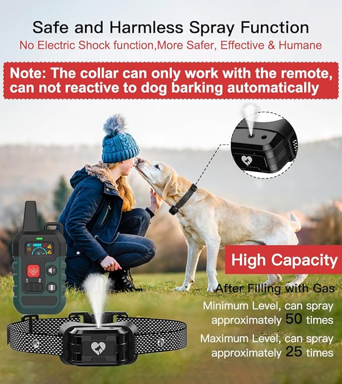 Citronella Dog Training Collar with Remote & 1* Spray Refill, 4 Modes Beep/Vibration/Spray/Spray Enhancement, Humane Safe Dog Bark Collar, Waterproof Spray Collar, Range 300M 【Only Work with Remote】