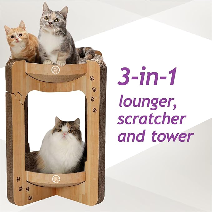 Necoichi Cat Scratcher Tower for Indoor Cats - Cat Scratching Post Lounger with Reversible Usability and Extra Comfort for Lounge, Cardboard Bed Couch / (XL, Oak)