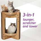 Necoichi Cat Scratcher Tower for Indoor Cats - Cat Scratching Post Lounger with Reversible Usability and Extra Comfort for Lounge, Cardboard Bed Couch / (XL, Oak)