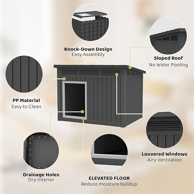 Bifanuo Dog House Outdoor Indoor for Large Dog - Weatherproof & Removable Roof, Easy Assemble and Clean for Medium to Large Dogs(Black, 41.2" L x 31" W x 31.5" H)