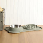 Gibson Home Curious Canines Slow Feeder Dog Bowl Set, 16” Bone Shaped Double Bowl, Silicone Base with Stainless Steel Insert, Anti-Gulp Feeding, Dishwasher Safe, Green