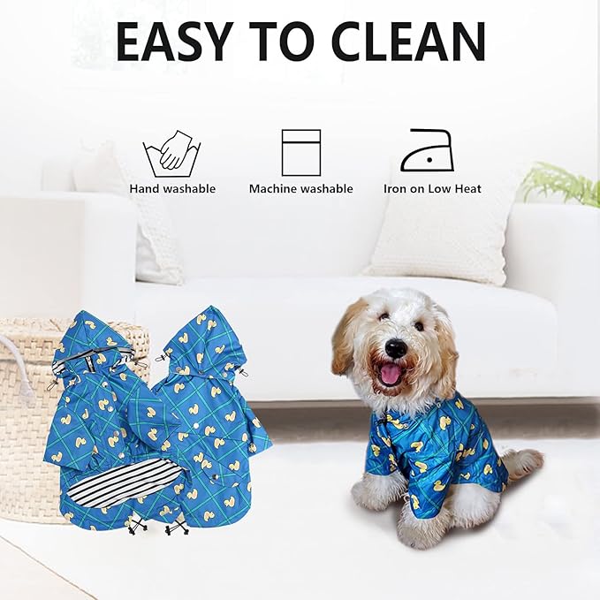 Morezi Dog Zip Up Raincoat with Reflective Buttons, Rain/Water Resistant, Adjustable Drawstring, Removable Hood, Raincoats with Legs 8lbs to 80lbs Available - Grid Blue - XS