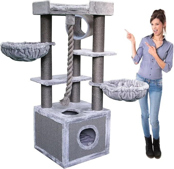 CozyCatFurniture Heavy Duty Cat Tree for Large Cats with Two Hammocks, Huge Condo and XXL Bed on Top