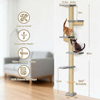 PAWSCRAT Cat Wall Shelves, Wall-Mounted Cat Tree, 5 Tier Floor to Ceiling Cats Tower, 80 Inch Wall-Mounted Cat Scratching Post, Space Saving Cat Furniture and Easliy Climb for All Cats, Gery