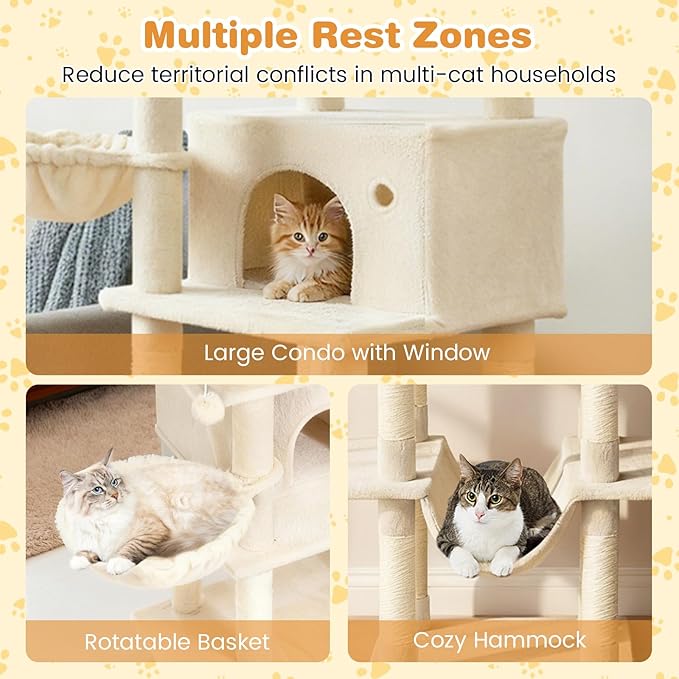 Tangkula Tall Cat Tree, 63 Inch Large Cat Tower with Sisal Scratching Posts, Plush Top Perch, Condo, Hammock, Basket Bed, Dangling Balls & Jumping Platforms for Indoor Cats Large Adult (Beige)
