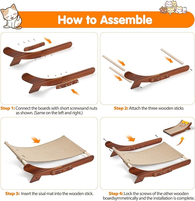 Sisal Cat Scratcher Bed, Natural Solid Wood Scratch Lounger, No Mess Scratching Chair Couch for Indoor Cats, 26 Inch Cat Scartching Pad, 3 in 1 Scratching Board, Furniture Protector