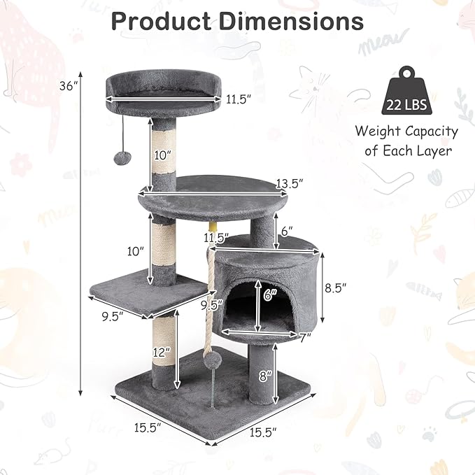 Tangkula 36 Inch Cat Tree Tower, Multi-Level Cat Tower with Condo, Top Perch, Sisal Scratching Posts & Hanging Rope, Spring & Hanging Balls, Climbing Platforms for Indoor Cats and Kittens (Light Gray)