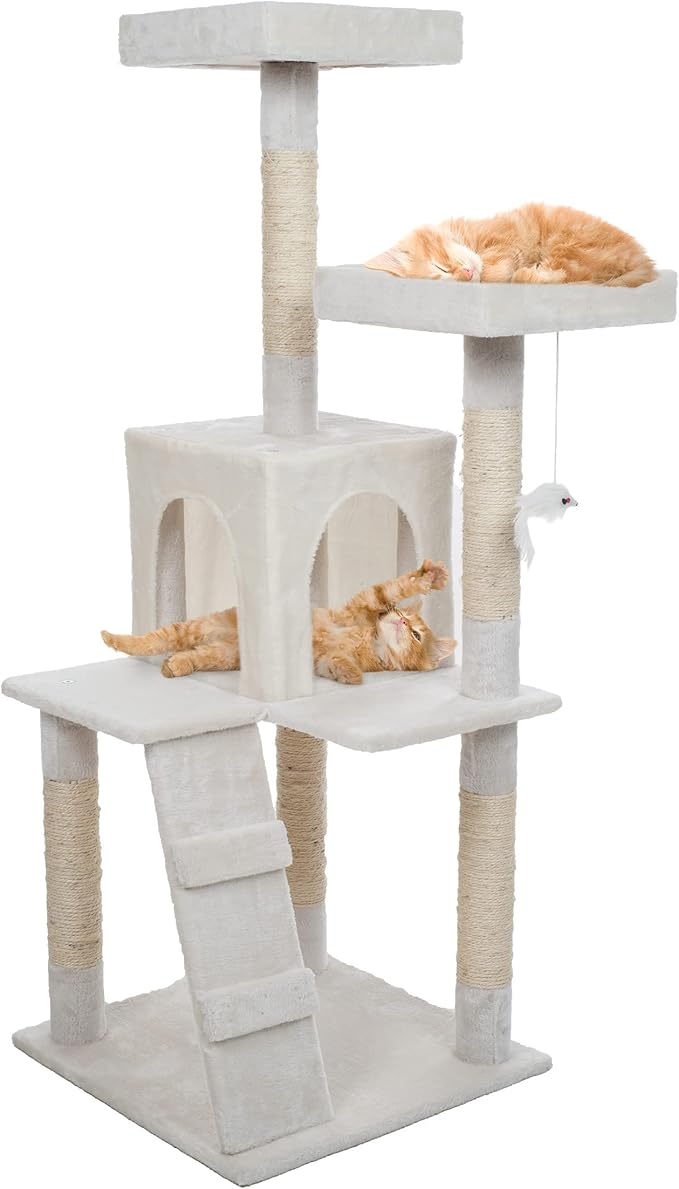 4-Tier Cat Tower - Napping Perches, Cat Condo with Ladder, 5 Sisal Rope Scratching Posts, Hanging Toy – Cat Tree for Indoor Cats by PETMAKER (White)