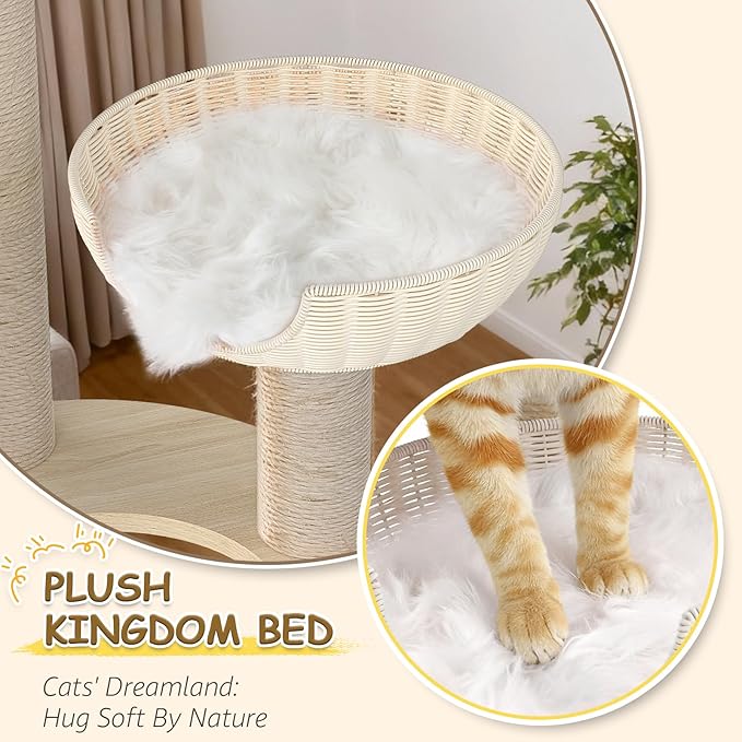 Tinnmao 53'' Solid Wood Cat Tree for Large Cats, Natural Sisal Scratching Post, Hand Woven Rattan Basket, High-end Luxury Design with Washable Plush Pad, Easy to Clean