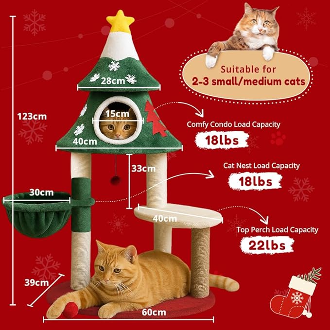 LUCKLIFE 48" Christmas Cat Tree with 2 Cozy Houses,Indoor Modern Cats Tower with Anti-Tip Kit,Plush Perches & Hanging Balls,Holiday Cat Climbing Furniture for Kittens to Play and Sleep