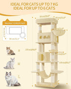 Cat Tree for Indoor Cats, 69.9 Inch Large Tall Cat Tower, Multi-Level Cats House with Condo, 8 Scratching Posts, Hammock, 4 Pom Poms, Beige MS17018YL