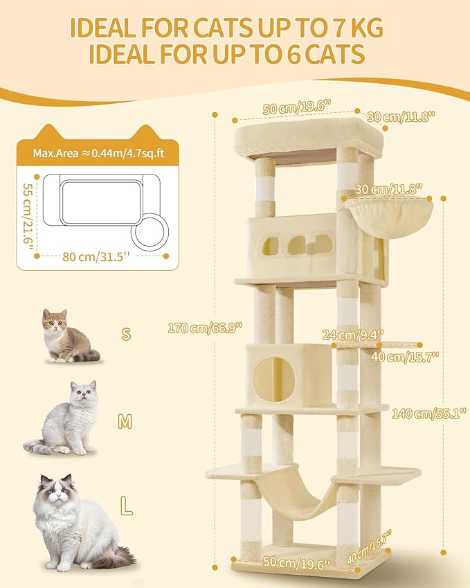Cat Tree for Indoor Cats, 69.9 Inch Large Tall Cat Tower, Multi-Level Cats House with Condo, 8 Scratching Posts, Hammock, 4 Pom Poms, Beige MS17018YL