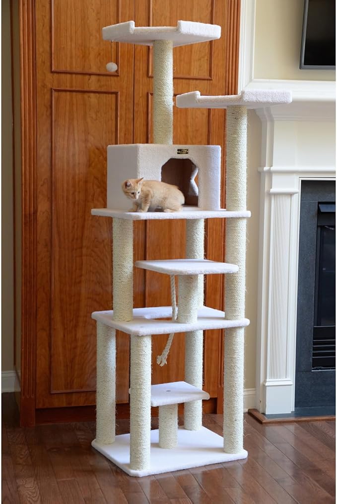 Cat Tree Tower Six Level Ivory Playhouse Cat Scratching Post - 81" Tall Indoor Kitty Condo 152
