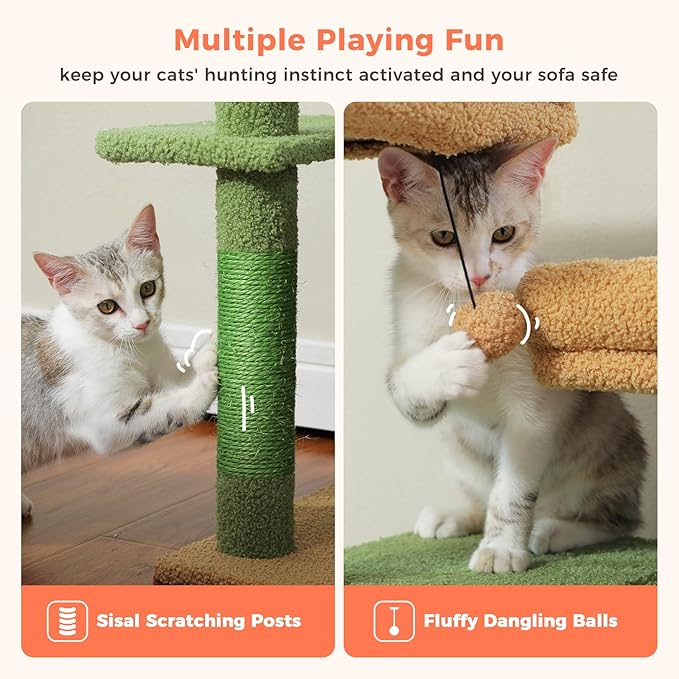 Cactus Cat Tree, 52.4 Inch Multi-Level Cat Tower for Indoor Cats with Dual Padded Top Perches, 2 Condos & Scratching Posts, Plush Cat Furniture for Kittens and Medium Cats, Green
