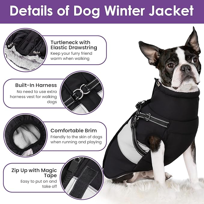 SUNFURA Dog Jacket, Large Dog Coat with Harness Built in, Warm Pet Winter Jacket Zippered Snow Coat with Furry Collar, Waterproof Fleece Snowsuit for French Bulldog, Black L