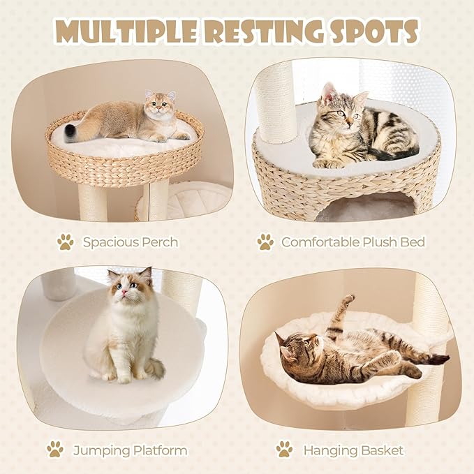 PETSITE 50 inch Cattail Cat Tree Tower, Multi-Level Cat Tower with Sisal Scratching Posts, Condo, Side Basket, Ladder, and Top Perch with Removable Soft Cushion, Modern Cat Tree for Indoor Cats