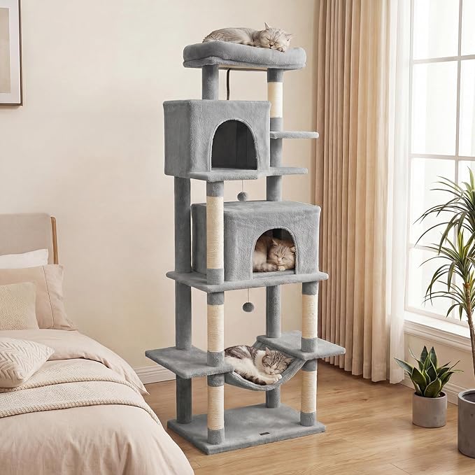 PETSITE 70-inch Tall Cat Tree, Modern Multi-Level Cat Tower with 2 Comfy Condos, Sisal Scratching Posts, Snug Hammock, and Dangling Ball, Ideal for Indoor Cats and Kittens (Grey)