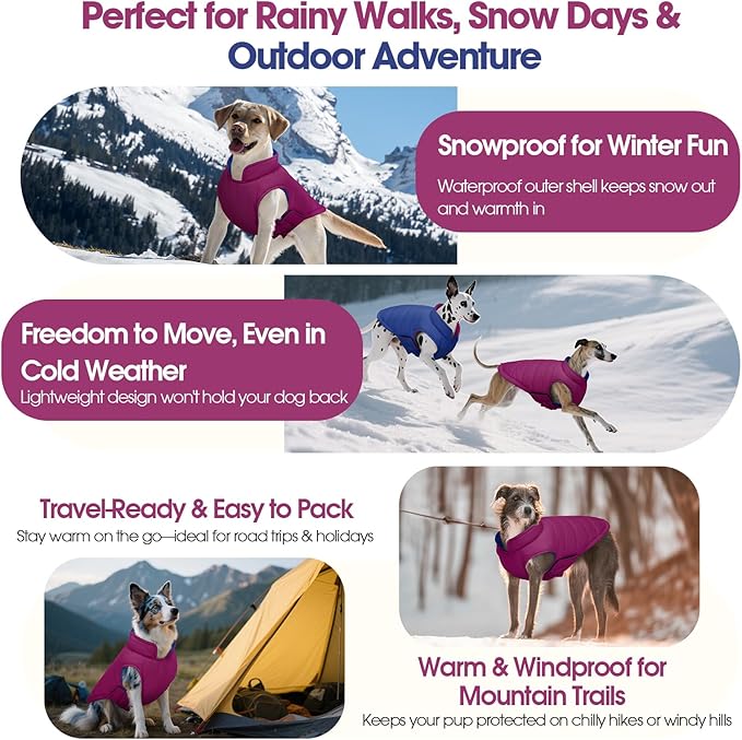 QBLEEV Reversible Dog Jacket for Large Dogs, Waterproof Windproof Winter Coat with Adjustable Hook & Loop Design, Lightweight Puffer Vest Keeps Dogs Warm & Dry, Purple, XL – Fits Pitbull, Boxer