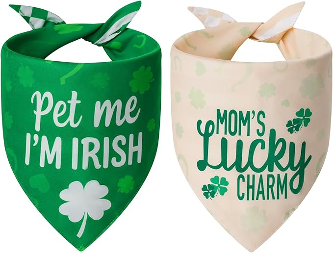 St. Patrick's Day Dog Bandanas XLarge 2PCS, 4 Pattern Green Scarf for Boy and Girl, Triangle Reversible Bibs Breed for Puppy Pets