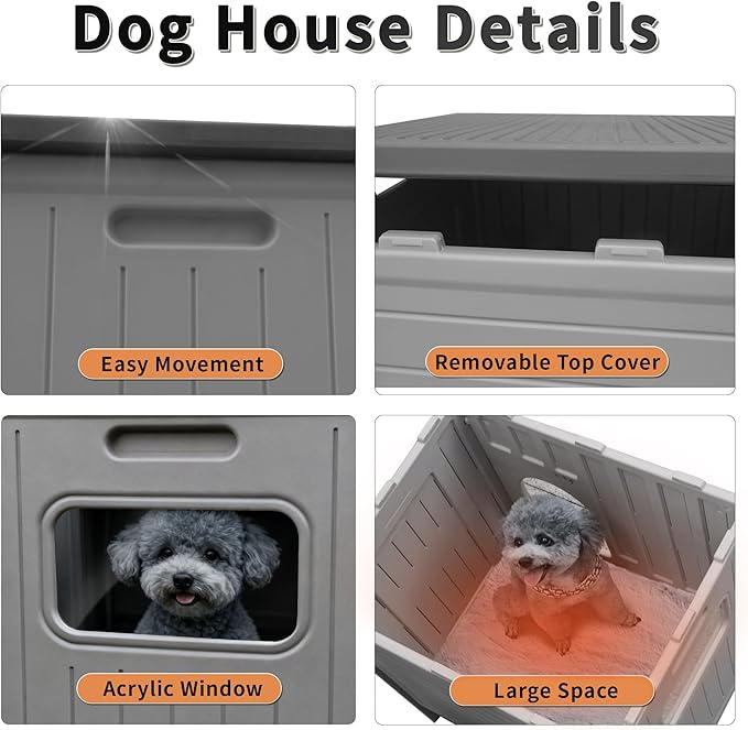 Rockever Dog House Outdoor Indoor for Small Medium Dogs, Insulated Dog House with Mat, Plastic Elevated Outdoor Dog House Waterproof Dog Kennel with Window, Clean Easily(M & Mat)