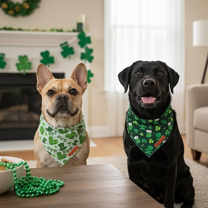 ADOGGYGO St Patricks Day Dog Bandana, Green Shamrock Pet Scarf, Premium Fabric, St Patrick Bandanas for Medium Large Dogs (Large)