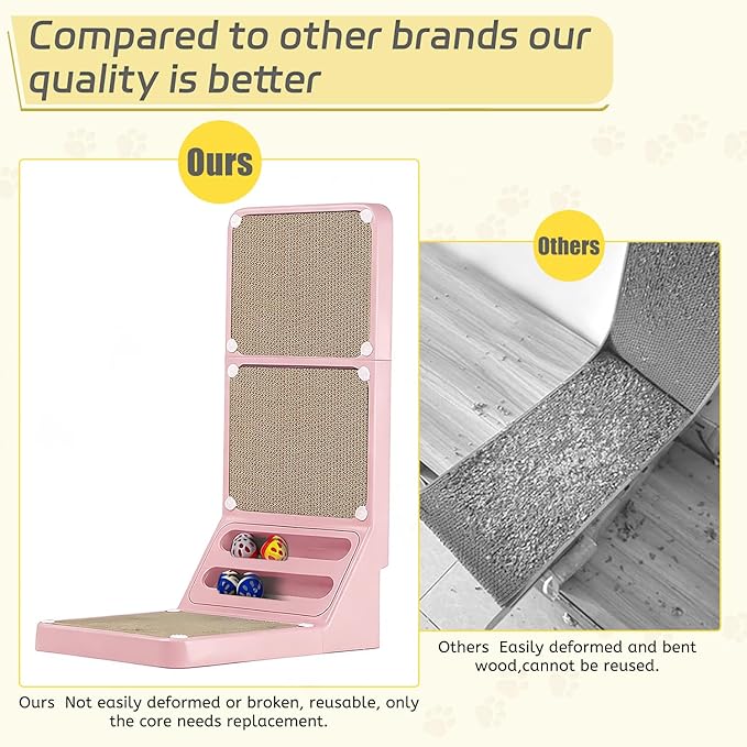 Cat Scratcher Cat Scratch Pad L Shape Wall Mounted Dual Use (Vert/Horiz) Kitten Bunifa Scratching Card Board Vertical Post with Ball Toys Feathers,Protecting Furniture Core is Replaceable Large Pink