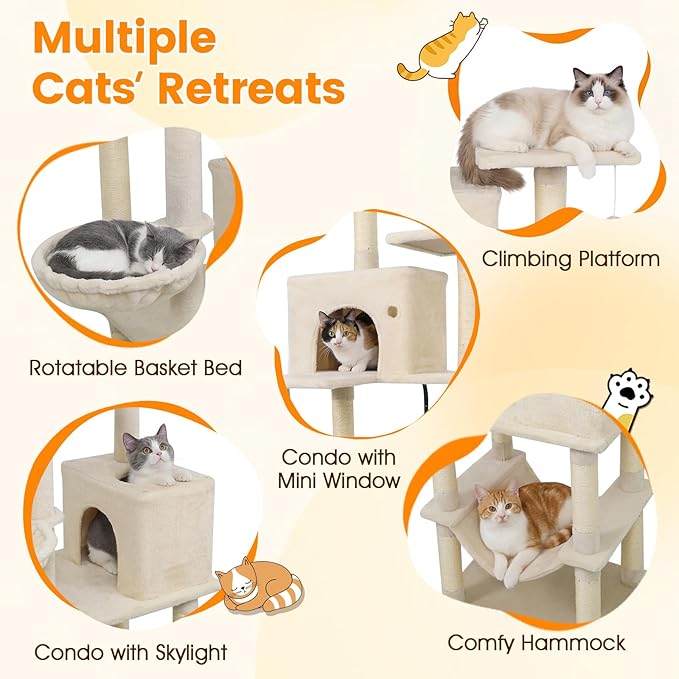 PETSITE 80-inch Tall Modern Cat Tree, Multi-Level Cat Tower with 2 Comfy Condos, Sisal Scratching Posts, Side Basket, Snug Hammock, and Dangling Balls, Ideal for Indoor Cats and Kittens (Beige)