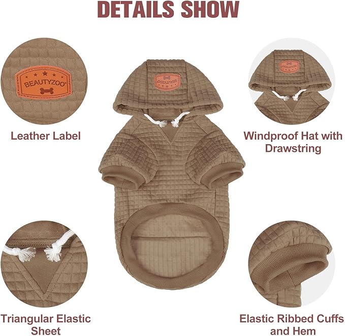 BEAUTYZOO Small Dog Hoodie Sweater with Pockets, Dog Clothes for Small Medium Dogs Boy Girl, Waffle-Like Laminated Cotton Pet Coats with Hat and Leash Hole, Khaki XL
