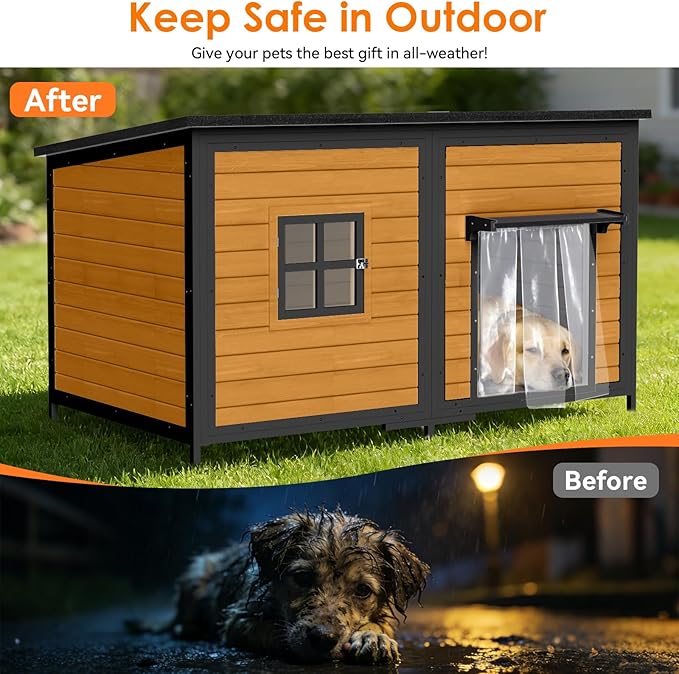 59" Dog House for Outdoor, Extra Large Dog House with Weatherproof Roof, Easy to Install, Anti-Chewing Metal Frame Design for Small Medium Large Breeds Dogs(Brown)