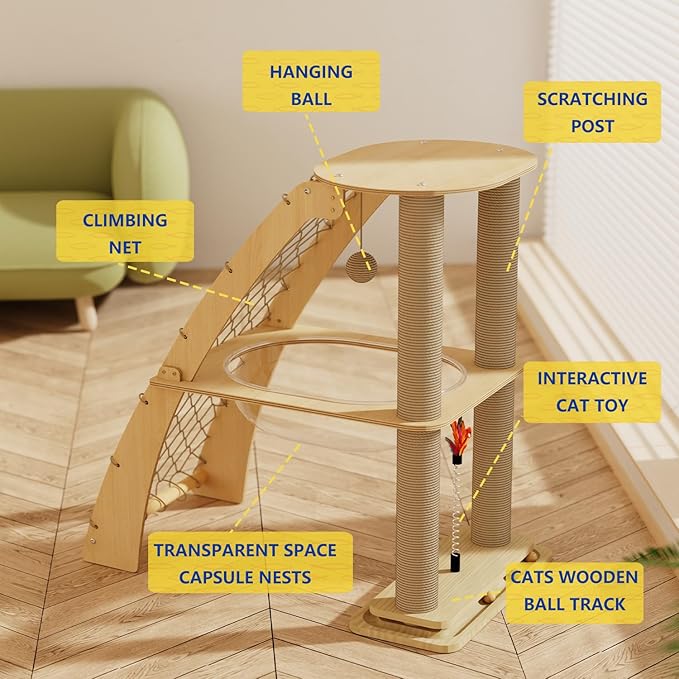 Wood Cat Tree Tower for Indoor Cats with Scratching Posts, Modern Cat Tree Cat Condo, Hammock, and Climbing Web Cat Track Toy with Spinning Balls, 15.7in Full Sisal Scratching Posts