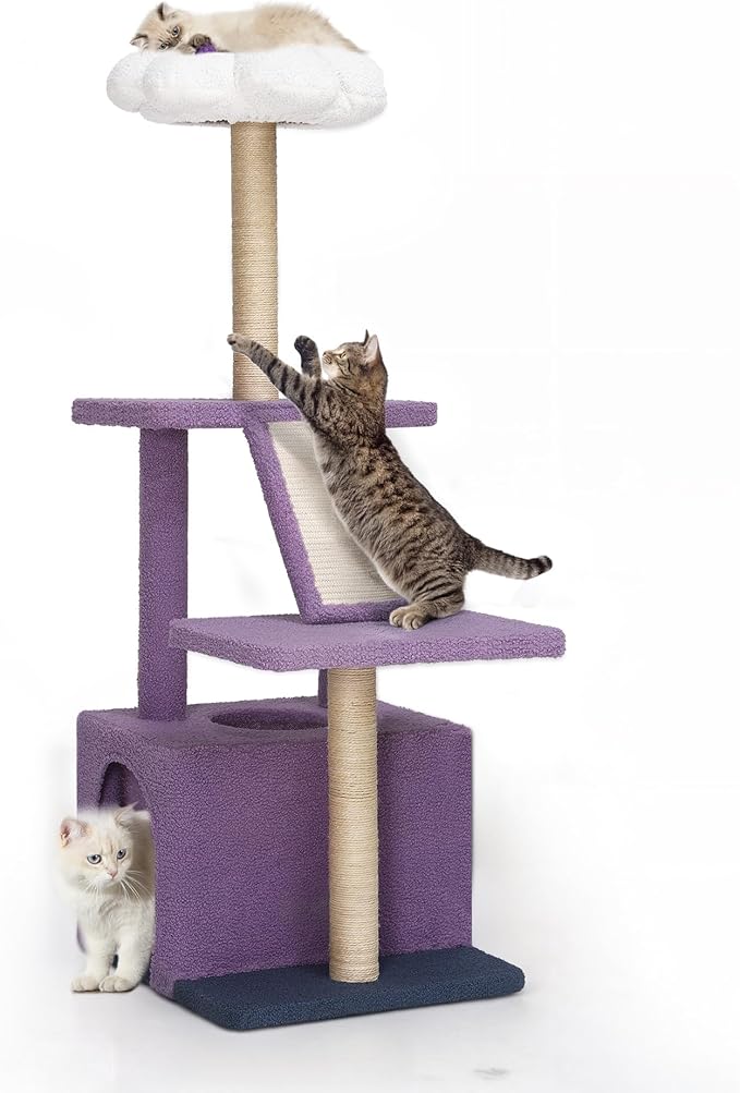YITAHOME Flower Cat Tree Tower with Detachable Perch, 47.2in Cute Cat Climbing Tower for Indoor Cats with Cat Condo, Sisal Scratching Posts and Board, Purple and White